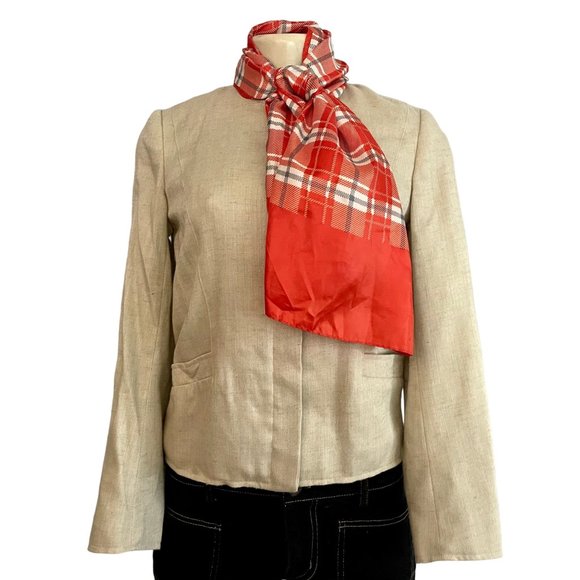 Vintage Plaid Scarf in Orange and Gray. - Picture 6 of 6